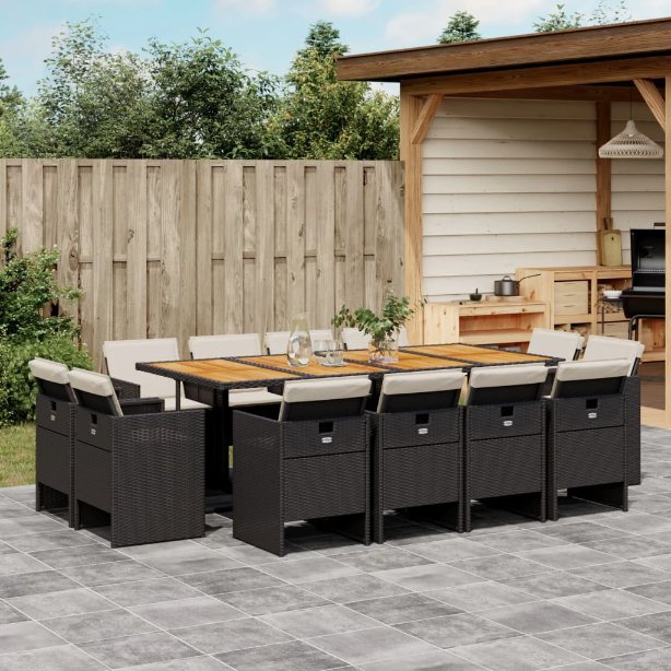 9-tlg. Garten-Essgruppe mit Kissen Schwarz Poly Rattan