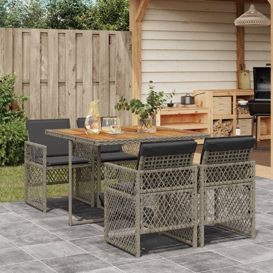 5-tlg. Garten-Essgruppe mit Kissen Schwarz Poly Rattan