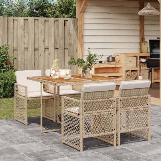 5-tlg. Garten-Essgruppe mit Kissen Schwarz Poly Rattan