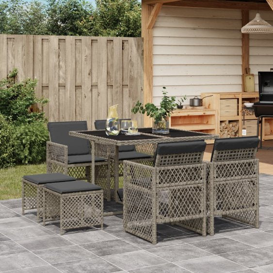 9-tlg. Garten-Essgruppe mit Kissen Schwarz Poly Rattan