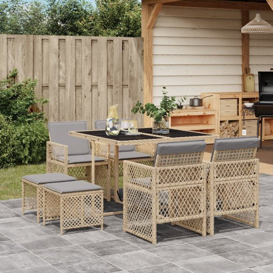 9-tlg. Garten-Essgruppe mit Kissen Schwarz Poly Rattan