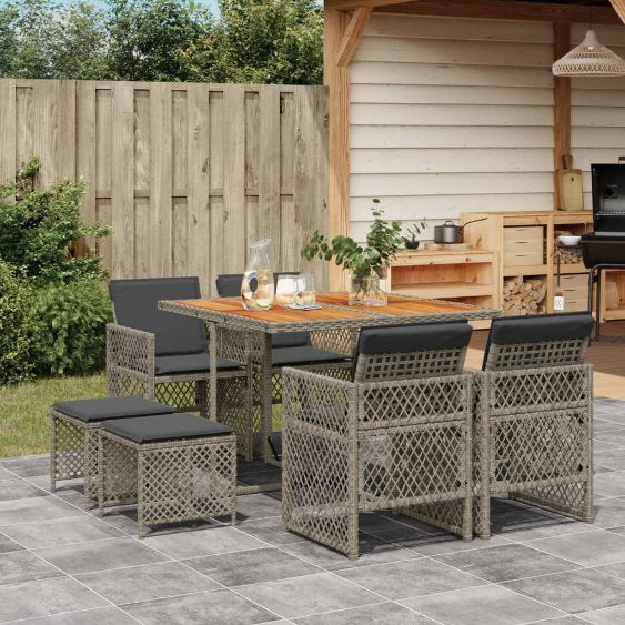 9-tlg. Garten-Essgruppe mit Kissen Schwarz Poly Rattan