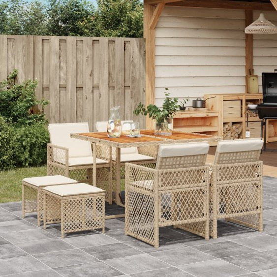 9-tlg. Garten-Essgruppe mit Kissen Schwarz Poly Rattan