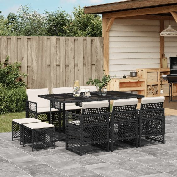 9-tlg. Garten-Essgruppe mit Kissen Schwarz Poly Rattan
