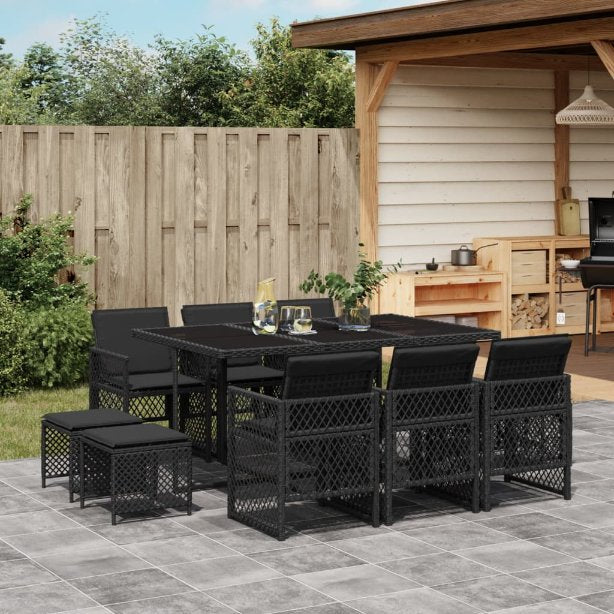 9-tlg. Garten-Essgruppe mit Kissen Schwarz Poly Rattan
