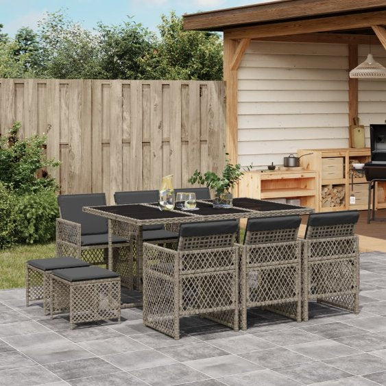 9-tlg. Garten-Essgruppe mit Kissen Schwarz Poly Rattan