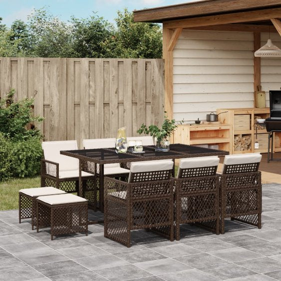 9-tlg. Garten-Essgruppe mit Kissen Schwarz Poly Rattan