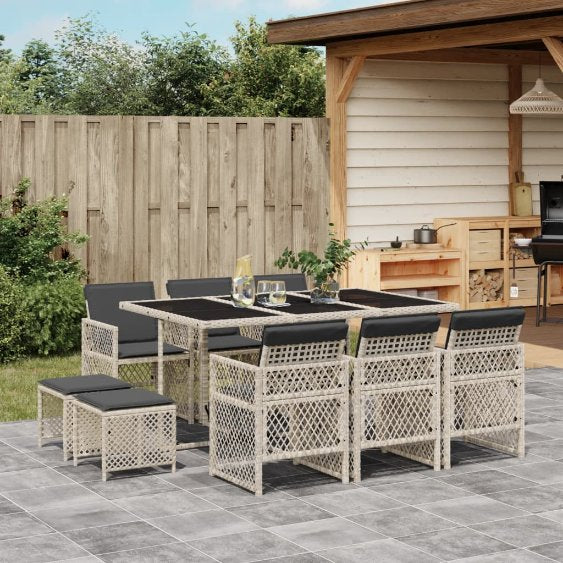 9-tlg. Garten-Essgruppe mit Kissen Schwarz Poly Rattan