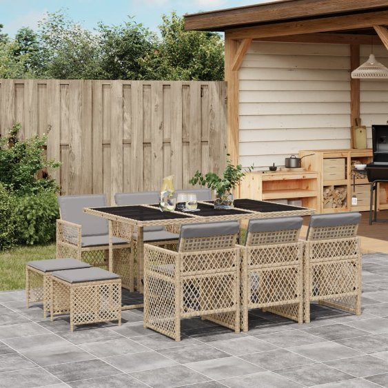 9-tlg. Garten-Essgruppe mit Kissen Schwarz Poly Rattan