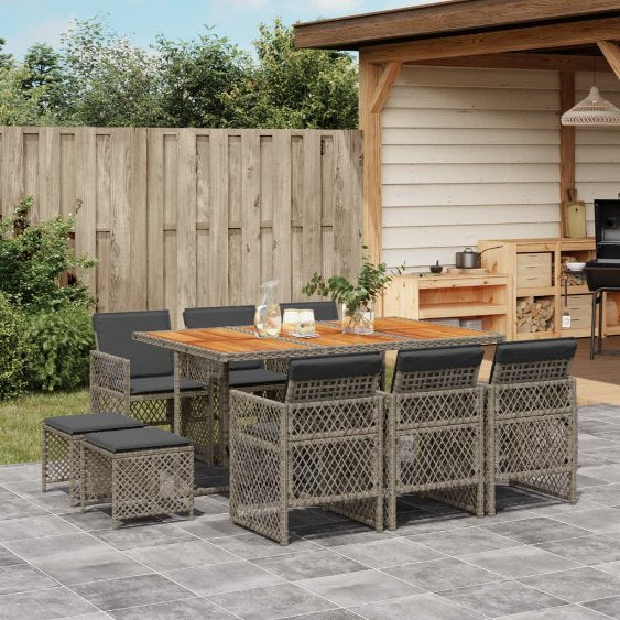 9-tlg. Garten-Essgruppe mit Kissen Schwarz Poly Rattan