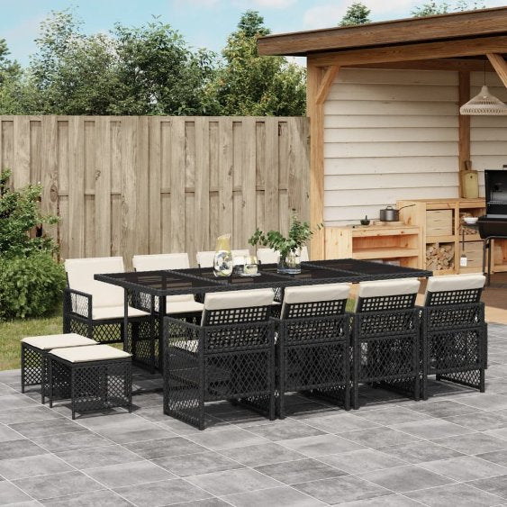 9-tlg. Garten-Essgruppe mit Kissen Schwarz Poly Rattan