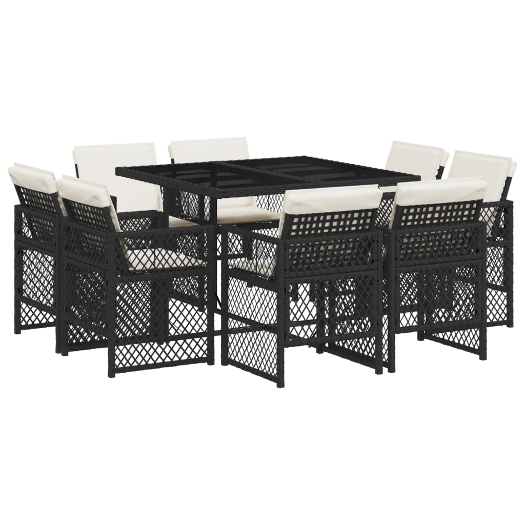 9-tlg. Garten-Essgruppe mit Kissen Schwarz Poly Rattan