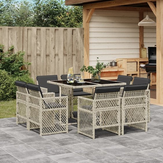 9-tlg. Garten-Essgruppe mit Kissen Schwarz Poly Rattan