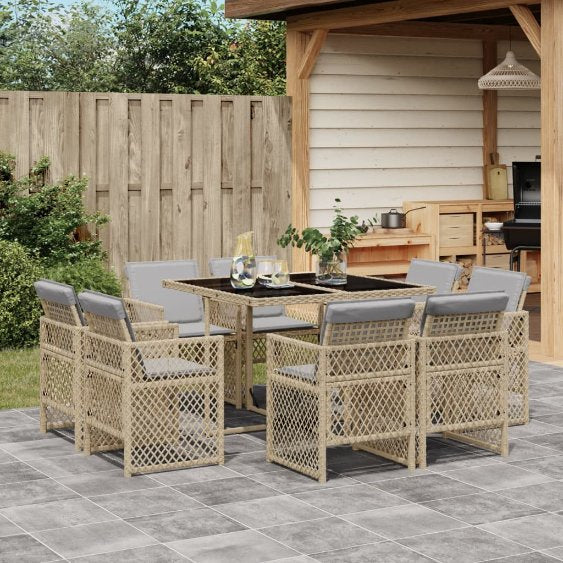 9-tlg. Garten-Essgruppe mit Kissen Schwarz Poly Rattan