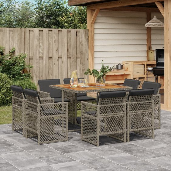 9-tlg. Garten-Essgruppe mit Kissen Schwarz Poly Rattan