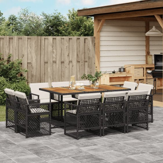 9-tlg. Garten-Essgruppe mit Kissen Schwarz Poly Rattan