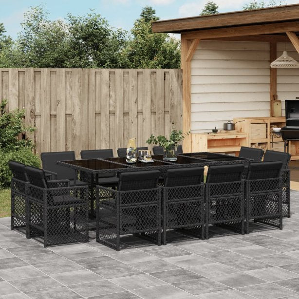 9-tlg. Garten-Essgruppe mit Kissen Schwarz Poly Rattan
