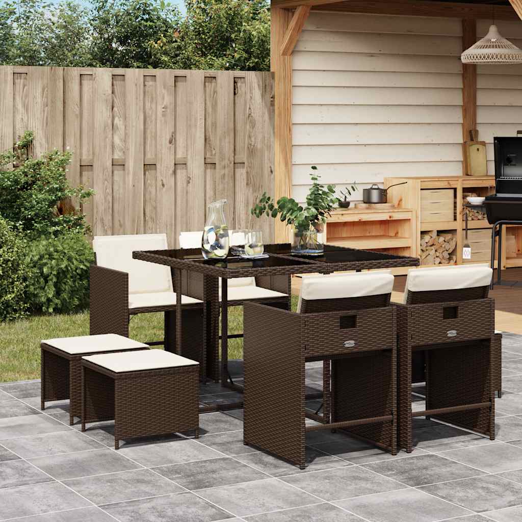 9-tlg. Garten-Essgruppe mit Kissen Schwarz Poly Rattan