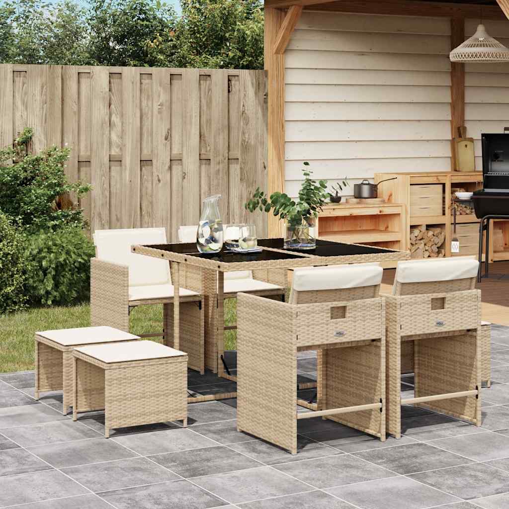 9-tlg. Garten-Essgruppe mit Kissen Schwarz Poly Rattan