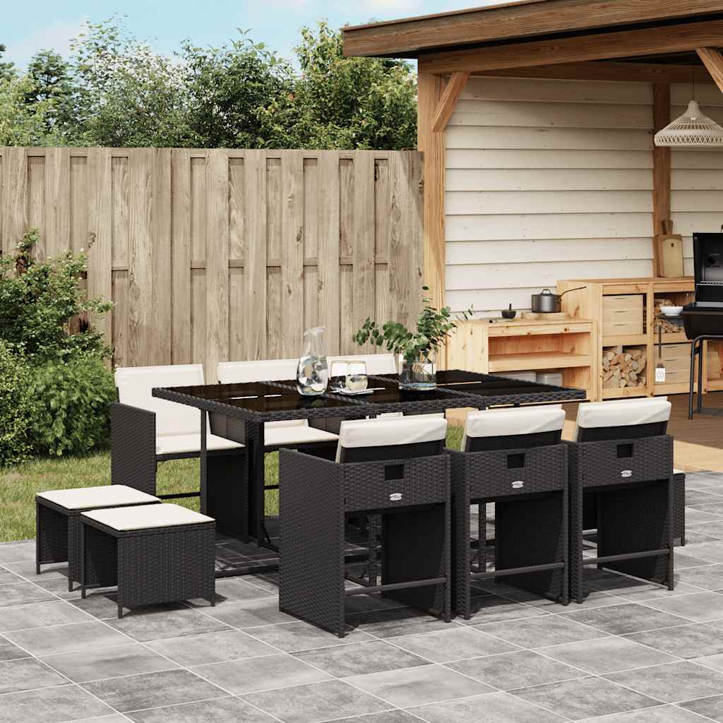 9-tlg. Garten-Essgruppe mit Kissen Schwarz Poly Rattan