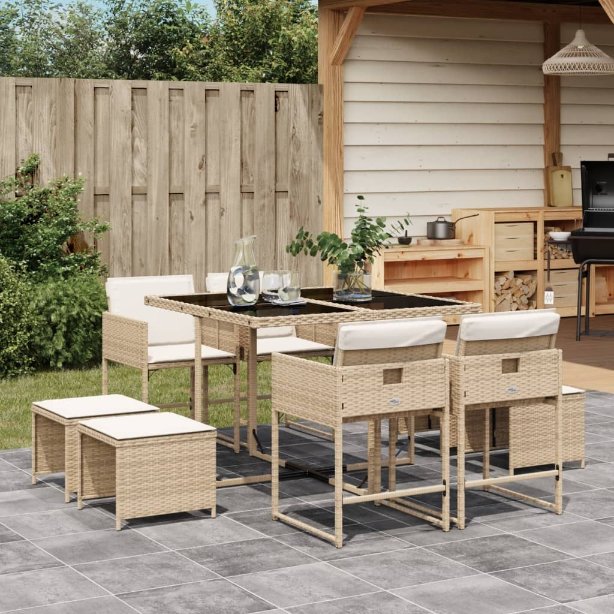 9-tlg. Garten-Essgruppe mit Kissen Schwarz Poly Rattan
