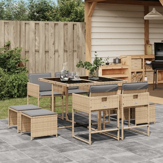 9-tlg. Garten-Essgruppe mit Kissen Schwarz Poly Rattan