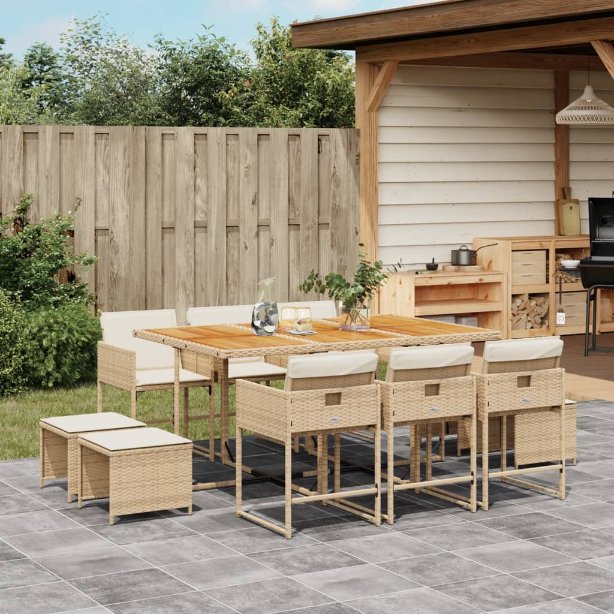 9-tlg. Garten-Essgruppe mit Kissen Schwarz Poly Rattan