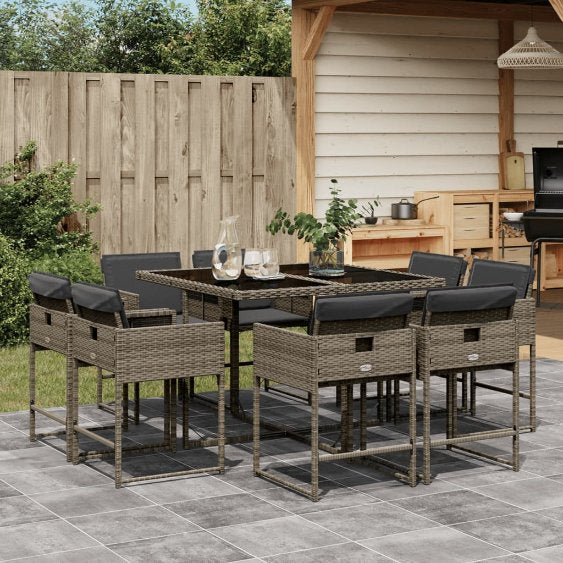 9-tlg. Garten-Essgruppe mit Kissen Schwarz Poly Rattan
