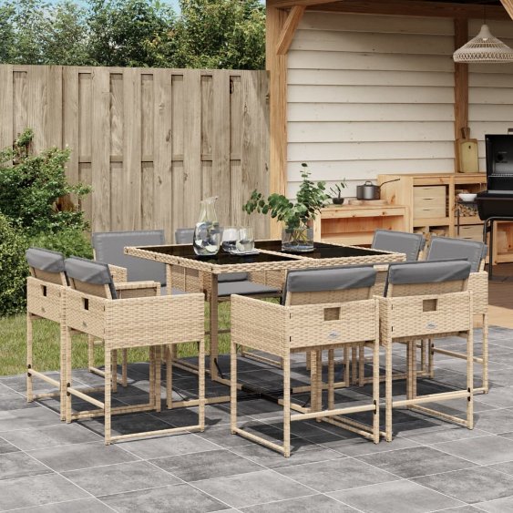 9-tlg. Garten-Essgruppe mit Kissen Schwarz Poly Rattan