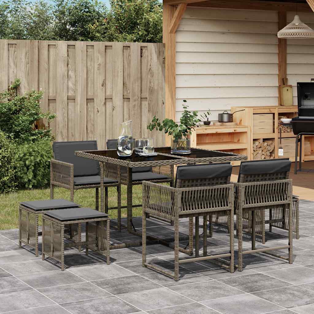 9-tlg. Garten-Essgruppe mit Kissen Schwarz Poly Rattan