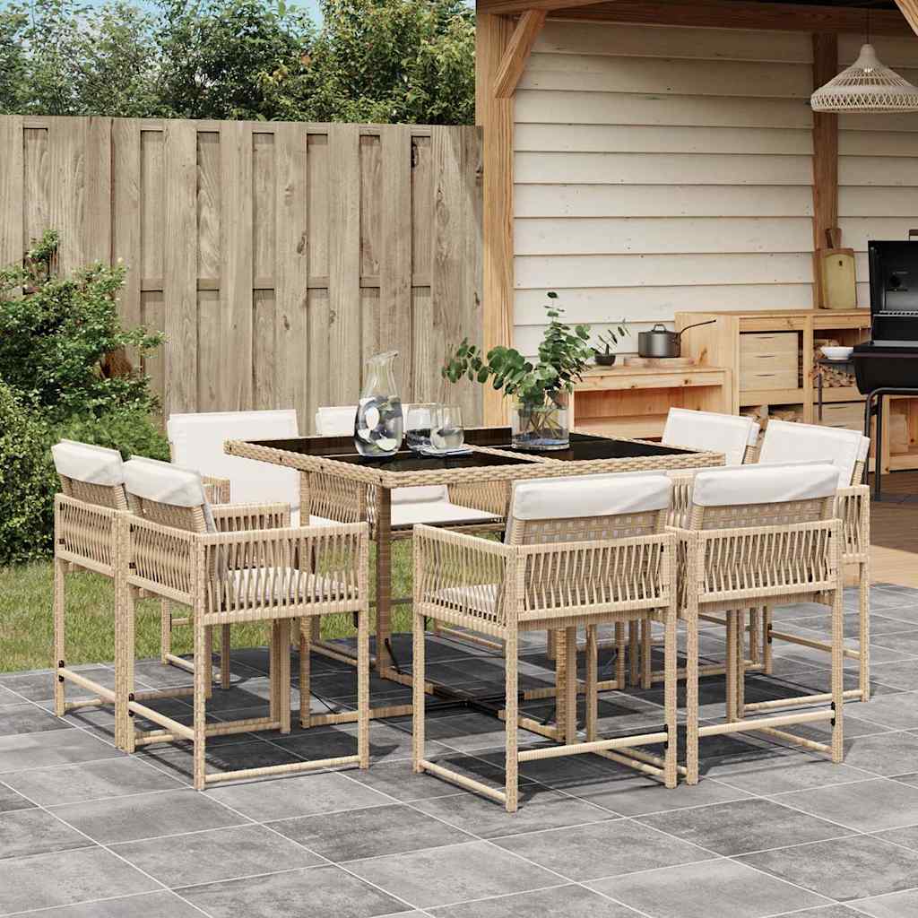 9-tlg. Garten-Essgruppe mit Kissen Schwarz Poly Rattan