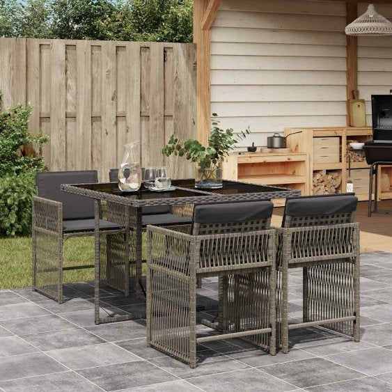 5-tlg. Garten-Essgruppe mit Kissen Schwarz Poly Rattan