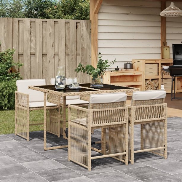 5-tlg. Garten-Essgruppe mit Kissen Schwarz Poly Rattan