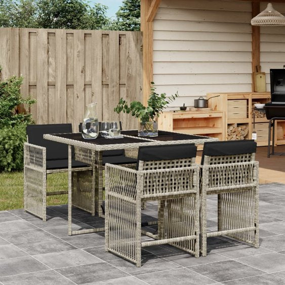 5-tlg. Garten-Essgruppe mit Kissen Schwarz Poly Rattan