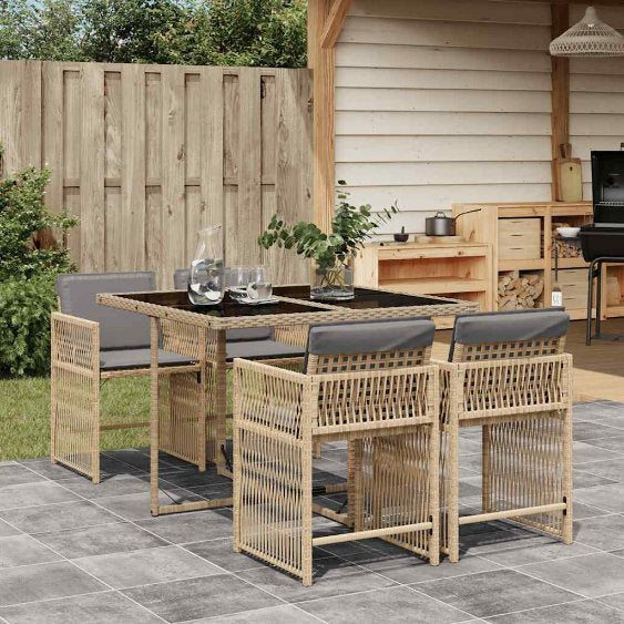 5-tlg. Garten-Essgruppe mit Kissen Schwarz Poly Rattan