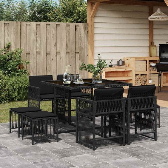 9-tlg. Garten-Essgruppe mit Kissen Schwarz Poly Rattan