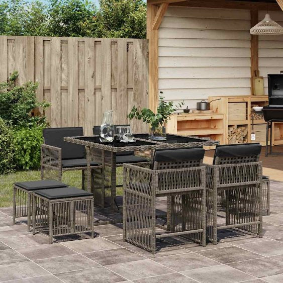 9-tlg. Garten-Essgruppe mit Kissen Schwarz Poly Rattan