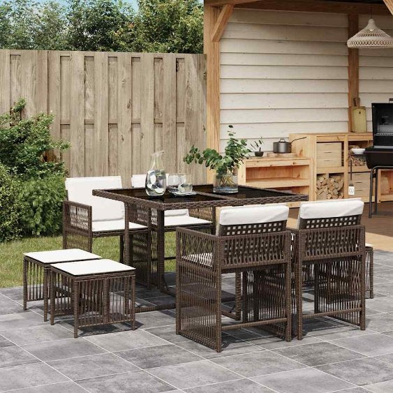 9-tlg. Garten-Essgruppe mit Kissen Schwarz Poly Rattan