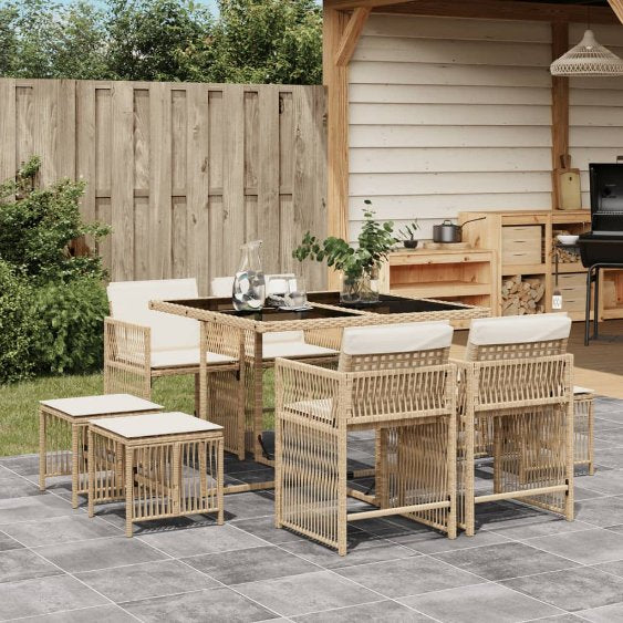 9-tlg. Garten-Essgruppe mit Kissen Schwarz Poly Rattan