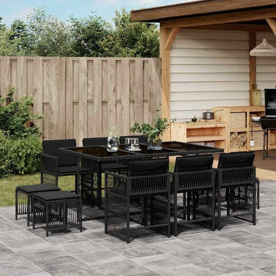 9-tlg. Garten-Essgruppe mit Kissen Schwarz Poly Rattan