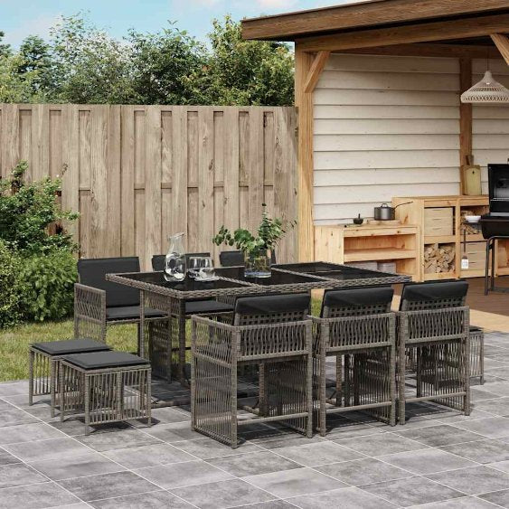 9-tlg. Garten-Essgruppe mit Kissen Schwarz Poly Rattan
