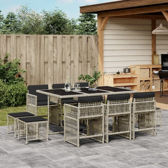 9-tlg. Garten-Essgruppe mit Kissen Schwarz Poly Rattan