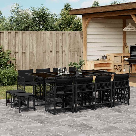 9-tlg. Garten-Essgruppe mit Kissen Schwarz Poly Rattan