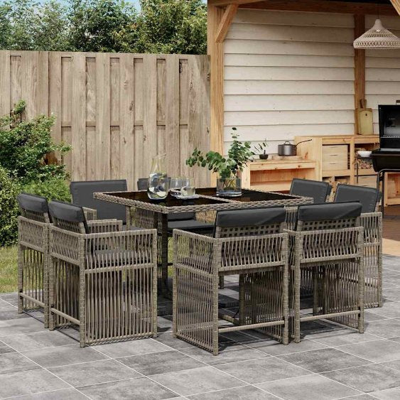 9-tlg. Garten-Essgruppe mit Kissen Schwarz Poly Rattan
