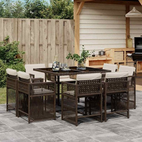 9-tlg. Garten-Essgruppe mit Kissen Schwarz Poly Rattan