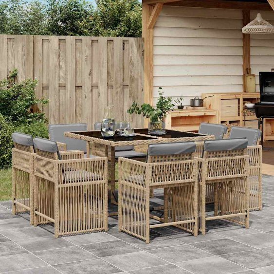 9-tlg. Garten-Essgruppe mit Kissen Schwarz Poly Rattan