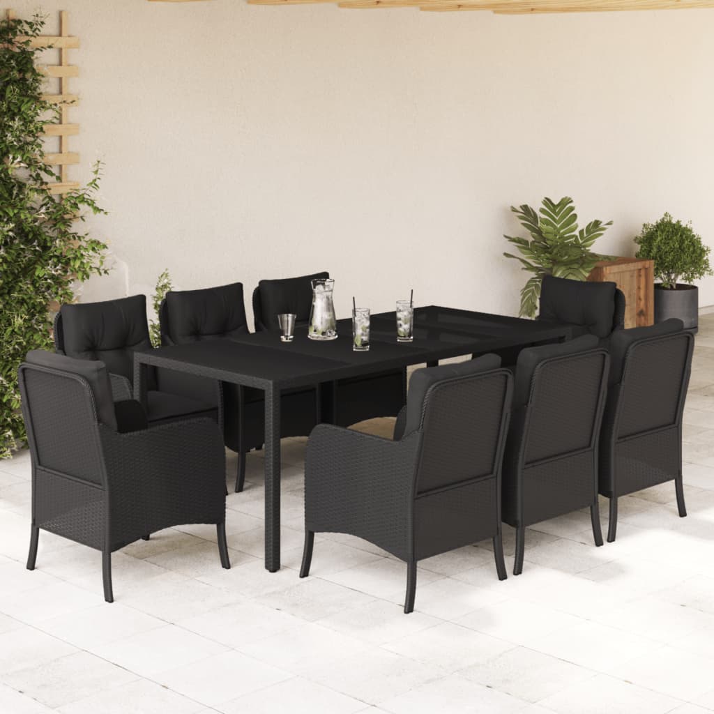 3-tlg. Garten-Essgruppe mit Kissen Schwarz Poly Rattan