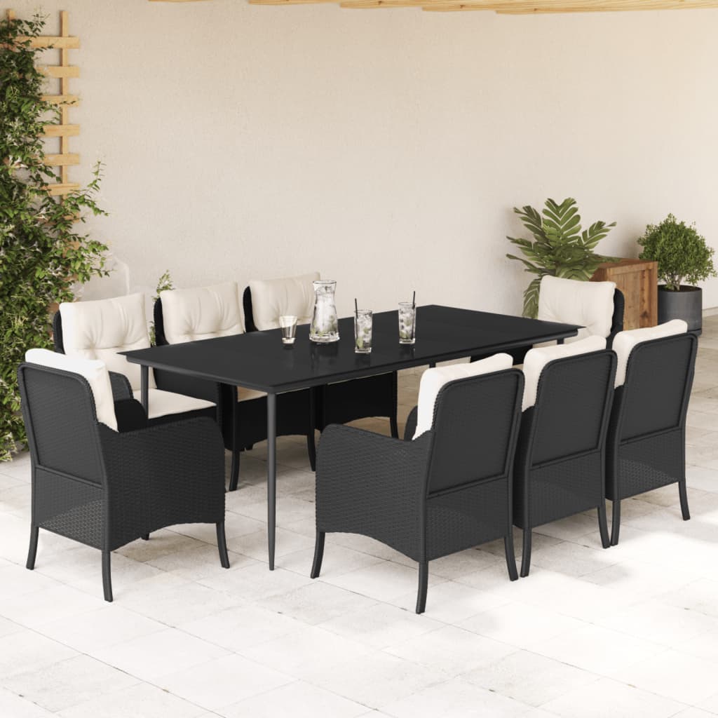 3-tlg. Garten-Essgruppe mit Kissen Schwarz Poly Rattan