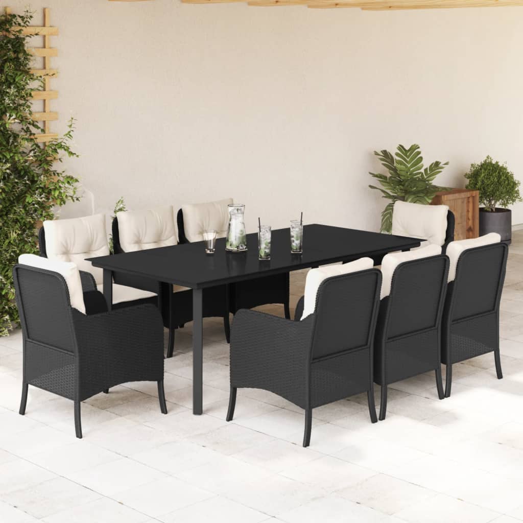 3-tlg. Garten-Essgruppe mit Kissen Schwarz Poly Rattan