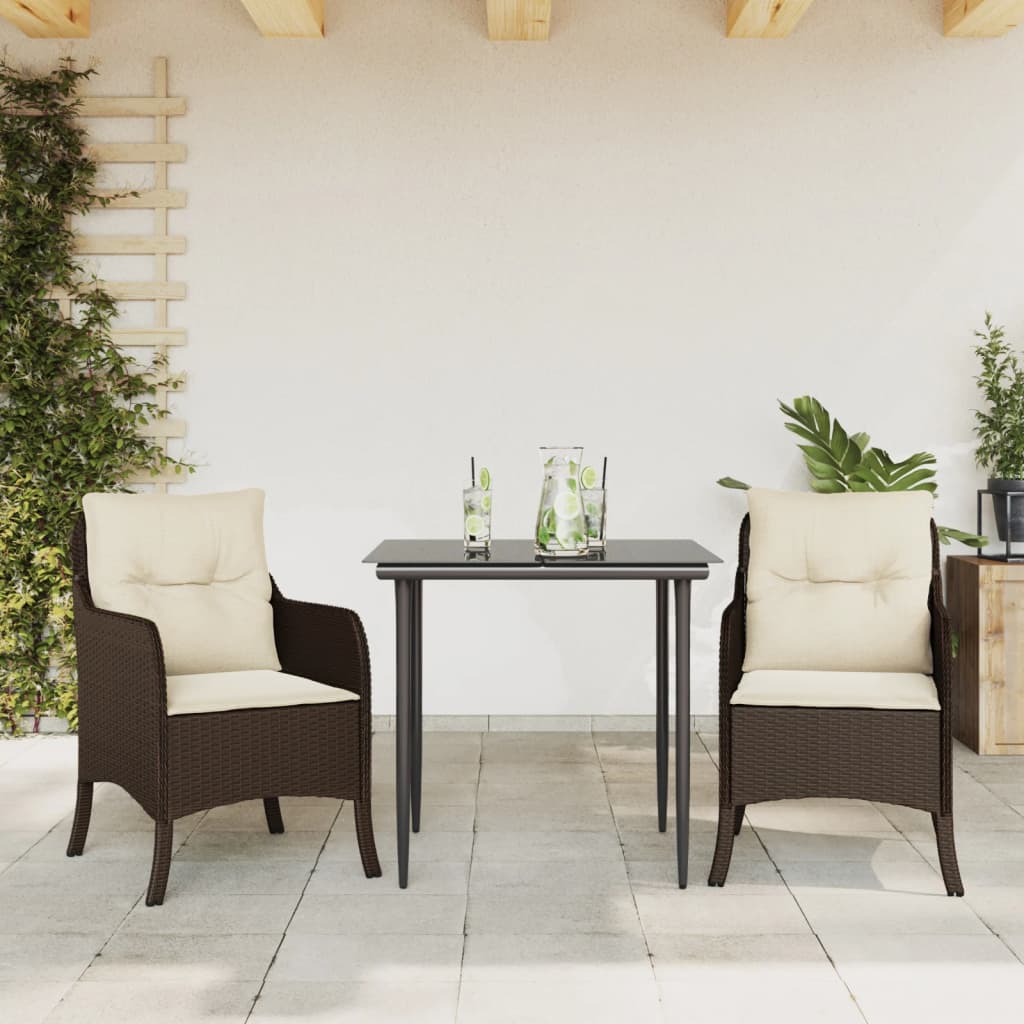 3-tlg. Garten-Essgruppe mit Kissen Braun Poly Rattan